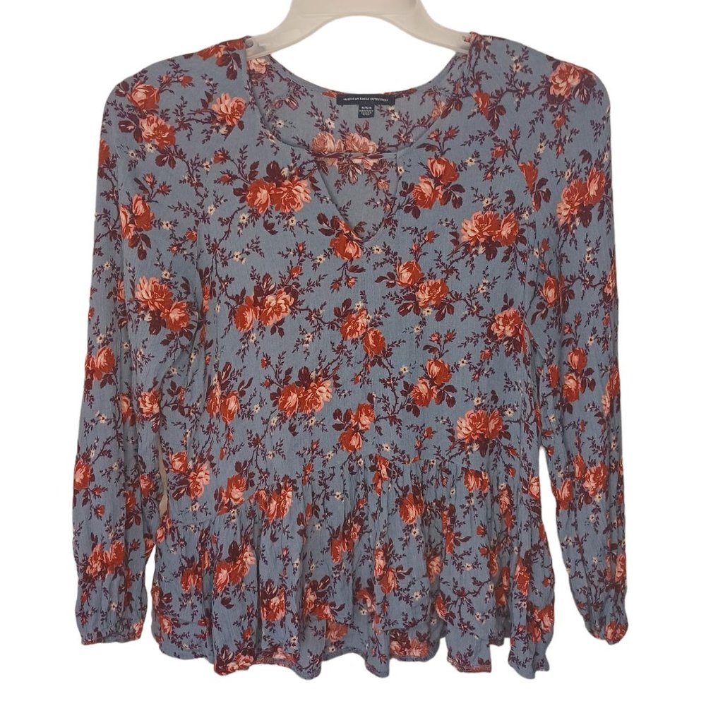 American Eagle Outfitters Blue Floral Peplum Long Sleeve Top